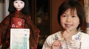 日本の伝統的な着物を着た女の子が人形の隣で微笑み、富士山水素（Made In Japan）の精巧な職人技を見せています。 １個。
