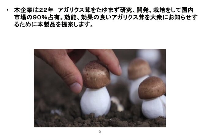 庭に生えた小さなアガリスクキノコを注意深く観察する人物。上に浮かぶ日本語の文字が、この穏やかな風景に神秘的な雰囲気を添えている。.