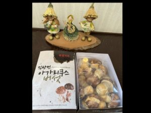 棚の上には、新鮮な韓国済州産アガリクス茸の箱が、帽子をかぶった陶器の置物3体と並んでエレガントに並べられています。.