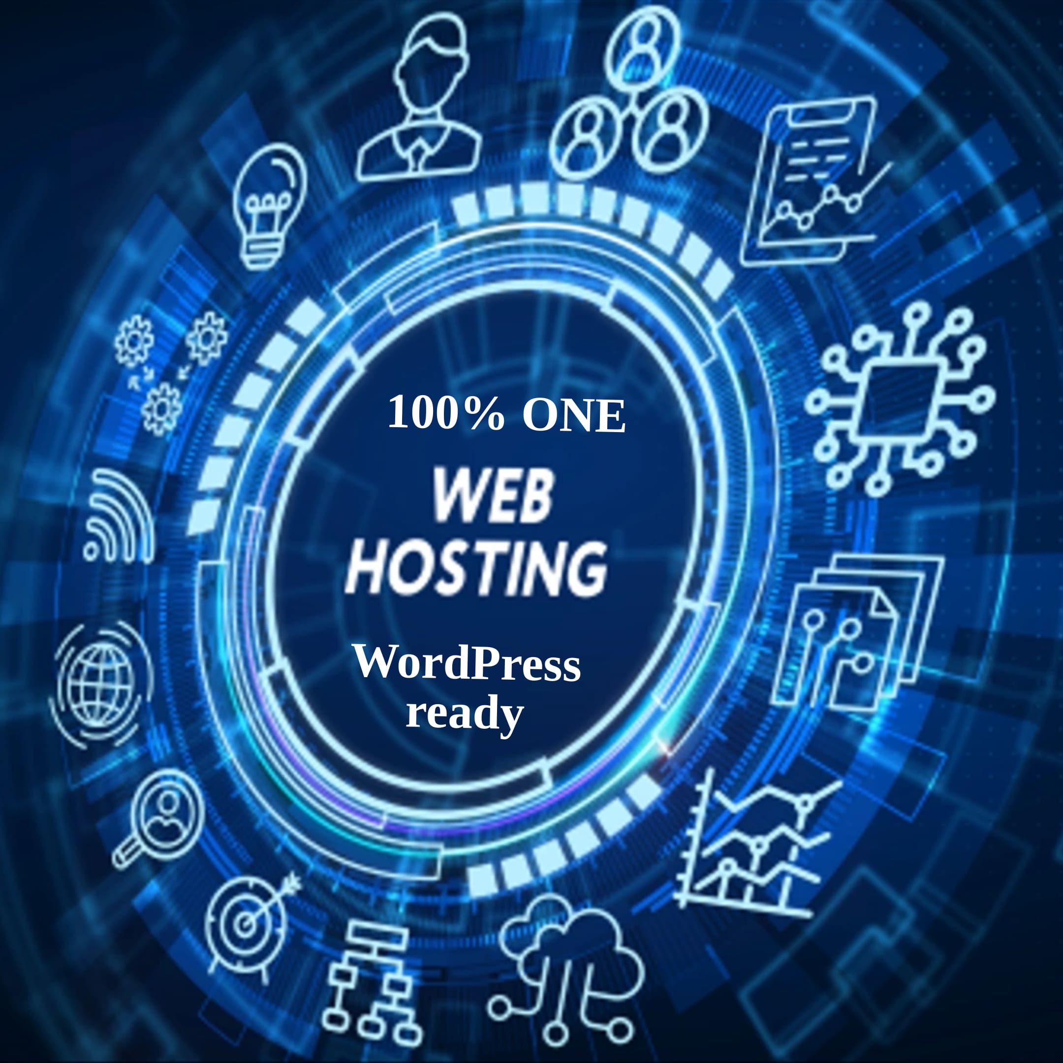 「Web Hosting」と「100% ONE WordPress ready」のテキストを特徴とするデジタルグラフィック。青い回路のような背景に、テクノロジーとコネクティビティを象徴するアイコンがアクセントとして配置されています。2025年キャンペーンを強調し、SSDサーバーベースのソリューションの未来をアピールするのに最適です。.