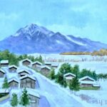 風景水彩画（甲斐駒ヶ岳）、風景水彩画（甲斐の林道）2枚1組