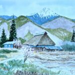 風景水彩画（山麓の春（常念岳））、風景水彩画（山麓の農家）2枚1組