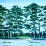 風景水彩画（函館五稜郭公園）、風景水彩画（晩秋の農家）2枚1組