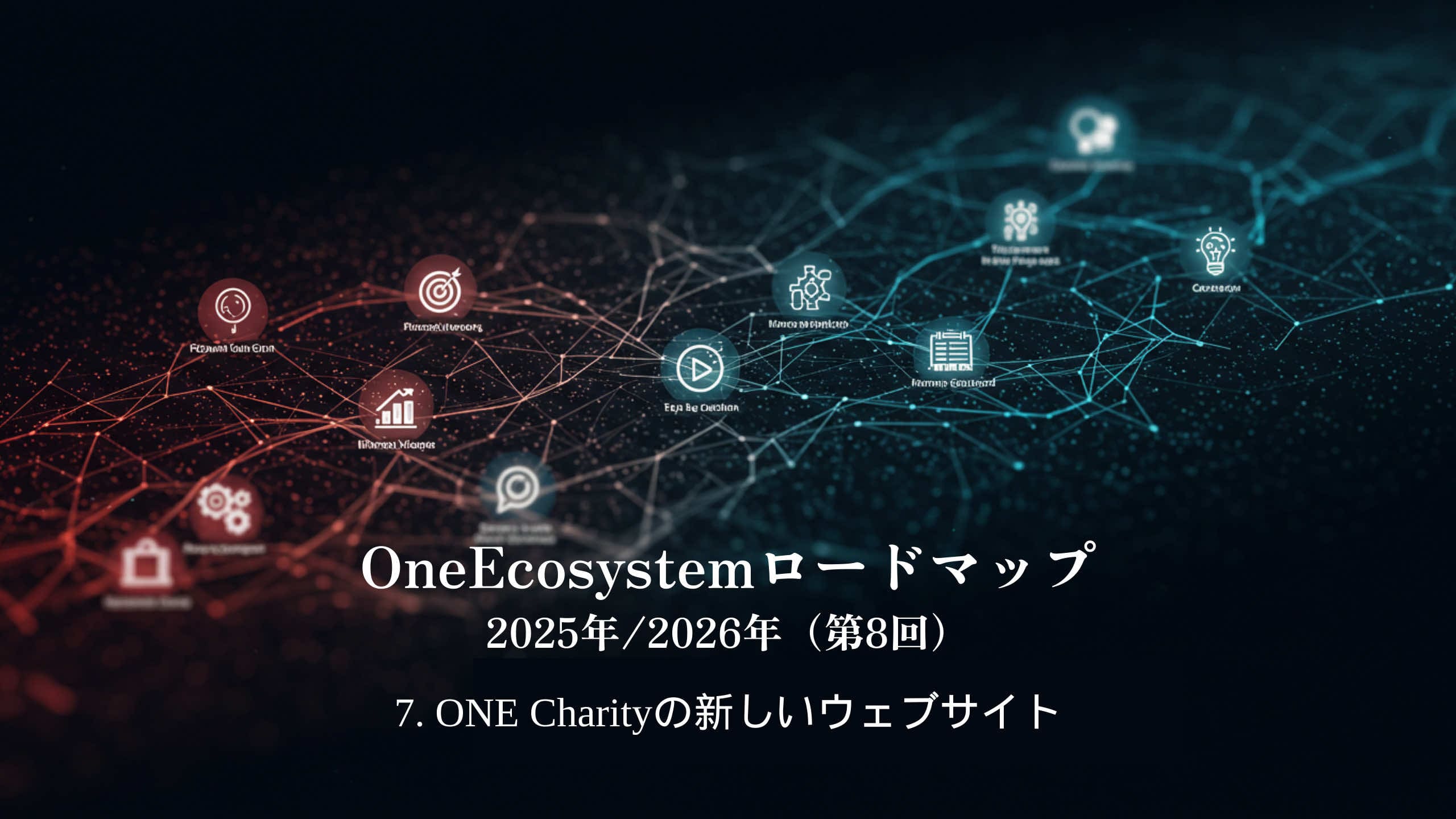 テクノロジーとチャリティーを象徴するアイコンが相互接続されたデジタルネットワークのイラスト。日本語のテキストは以下の通り：「ワンエコシステムロードマップ2025年/2026年（8回）7.ONE Charityの新しいウェブサイト"。.