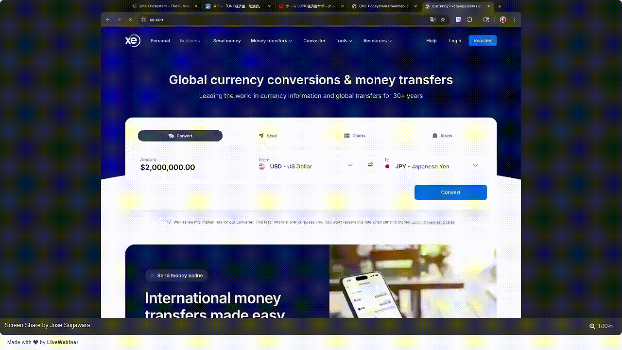 外貨両替・送金サイトのスクリーンショットで、2025年ONE経済圏への200万米ドルの日本円への送金が表示されている。ナビゲーション・リンクと「Convert」ボタンが表示され、その下にスマホのアプリが表示されている。.