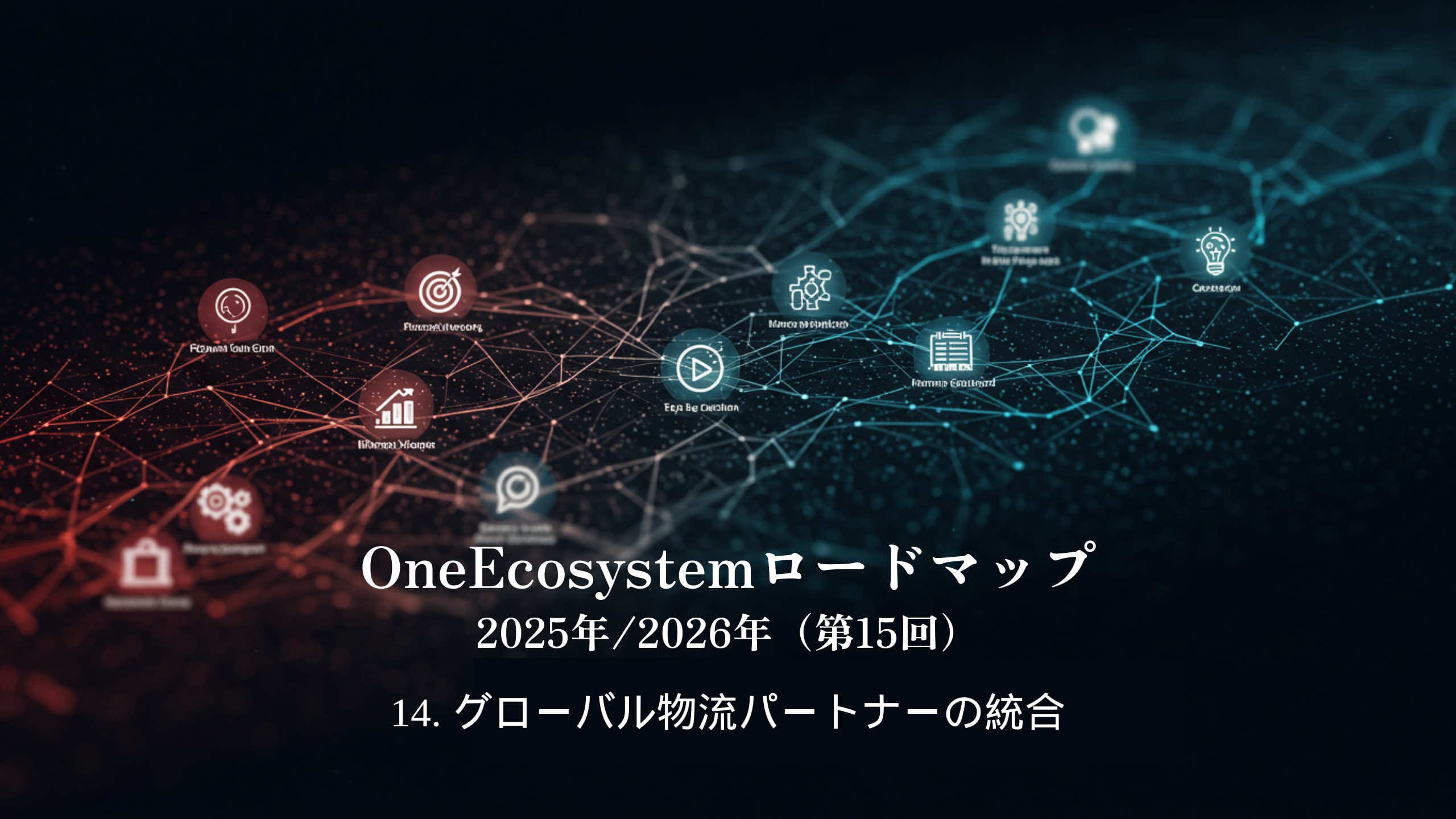 青と赤のノードで構成されたデジタルネットワーク、テクノロジーサービスのアイコン。日本語テキスト："OneEcosystemロードマップ 2025年/2026年（第15回）14.グローバル物流パートナーの統合」を強調。.