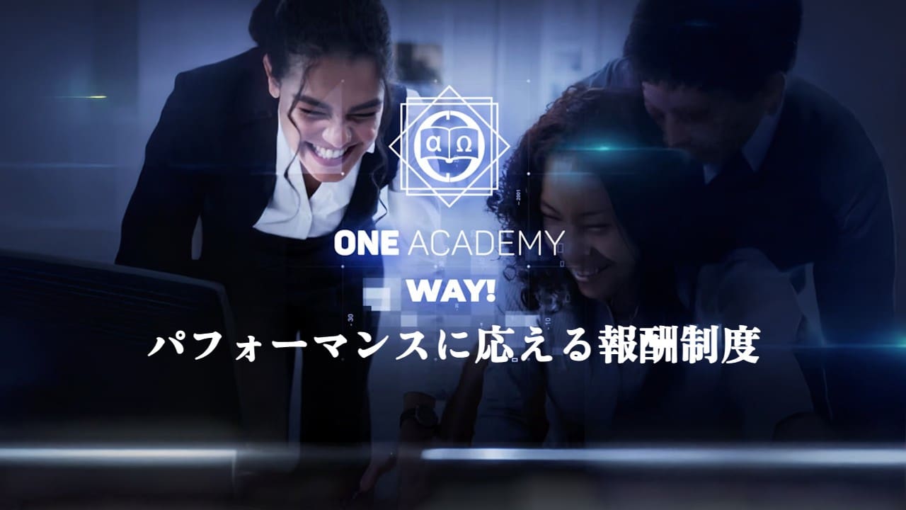 ONE ACADEMY WAY！」の文字と、その下にパフォーマンスに応じた報酬制度（成果主義）を強調する日本語のテキスト。.