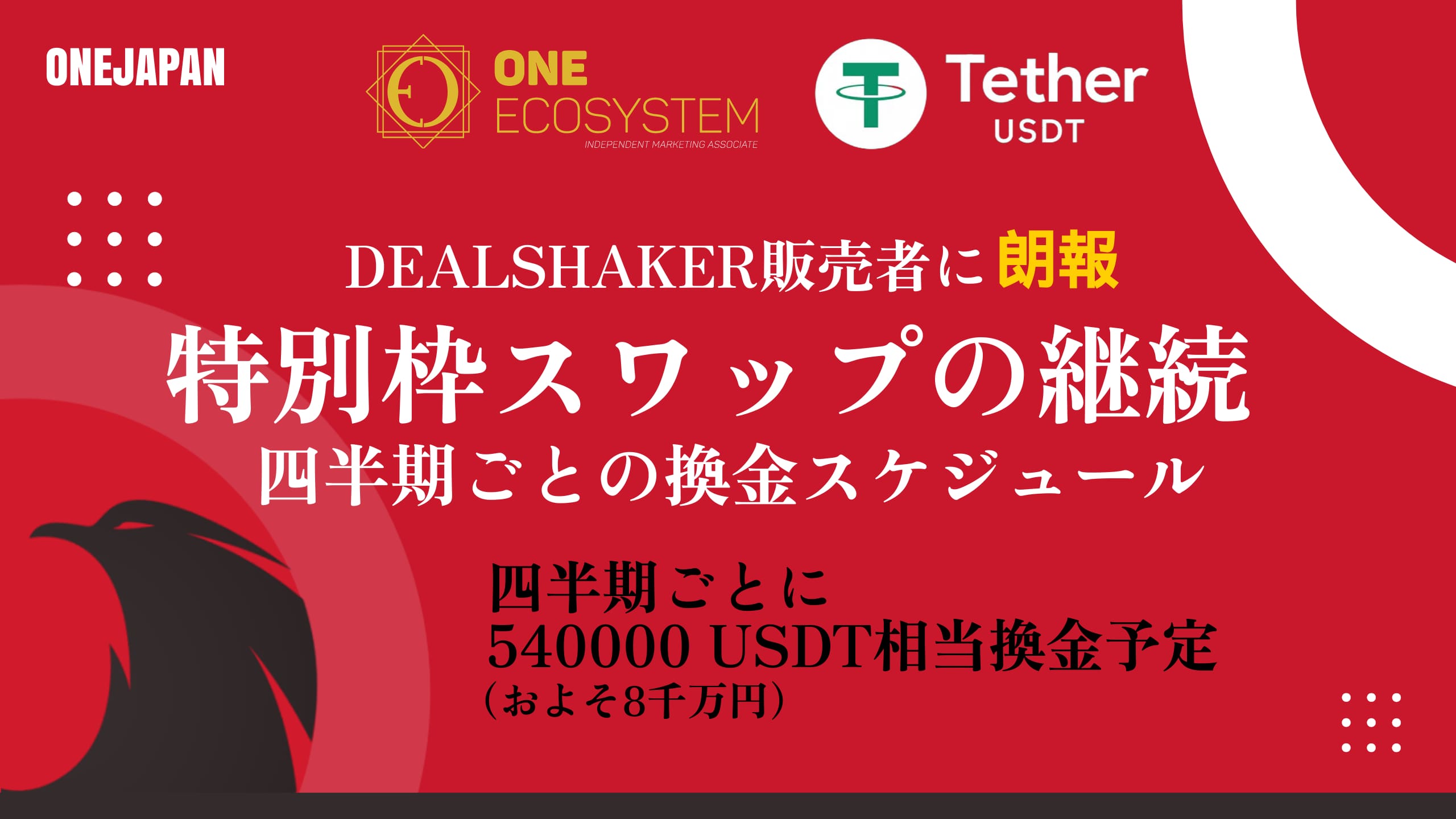 ONE ECOSYSTEMとTether USDTの日本語プロモーション・グラフィックで、四半期ごとに54万USDTの交換を予定している特別枠スワップと換金スケジュールの継続を発表。.