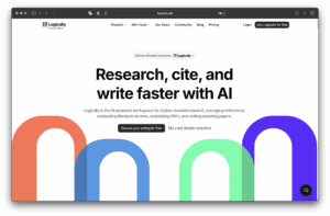 ロジカリーのウェブサイトのトップページのスクリーンショット。カラフルなアーチ型の上に「Research, cite, and write faster with AI」のテキストが表示され、上部に製品、ツール、価格、ブログ、サインインオプションのナビゲーションリンクがある。ロジカリー.
