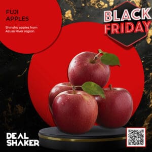 信州松本市の梓川産りんご、赤く輝くサンフジが4個、黒い丸い台座に積み上げられている。画像にはブラックフライデー・セールの文字があり、ゴールドとブラックのアクセントが梓川産の高級リンゴを際立たせています。.