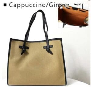 ジャンニ キアリーニ（GIANNI CHIARINI）のベージュのトートバッグ。黒いハンドルとトリミングが特徴で、「Cappuccino/Ginger」のラベル付き。内側は茶色。.