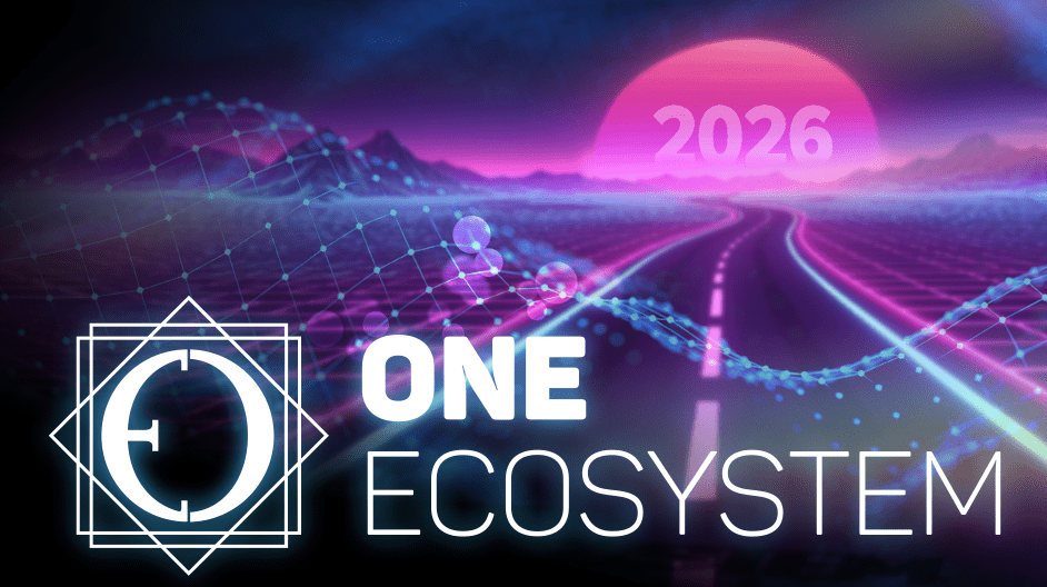 空にはピンクの太陽と2026年へと続く光り輝く道が描かれた近未来的なデジタル風景。ONE ECOSYSTEMの文字と円形の幾何学的なロゴが前景にあり、青いデジタル波模様が重なっている。.