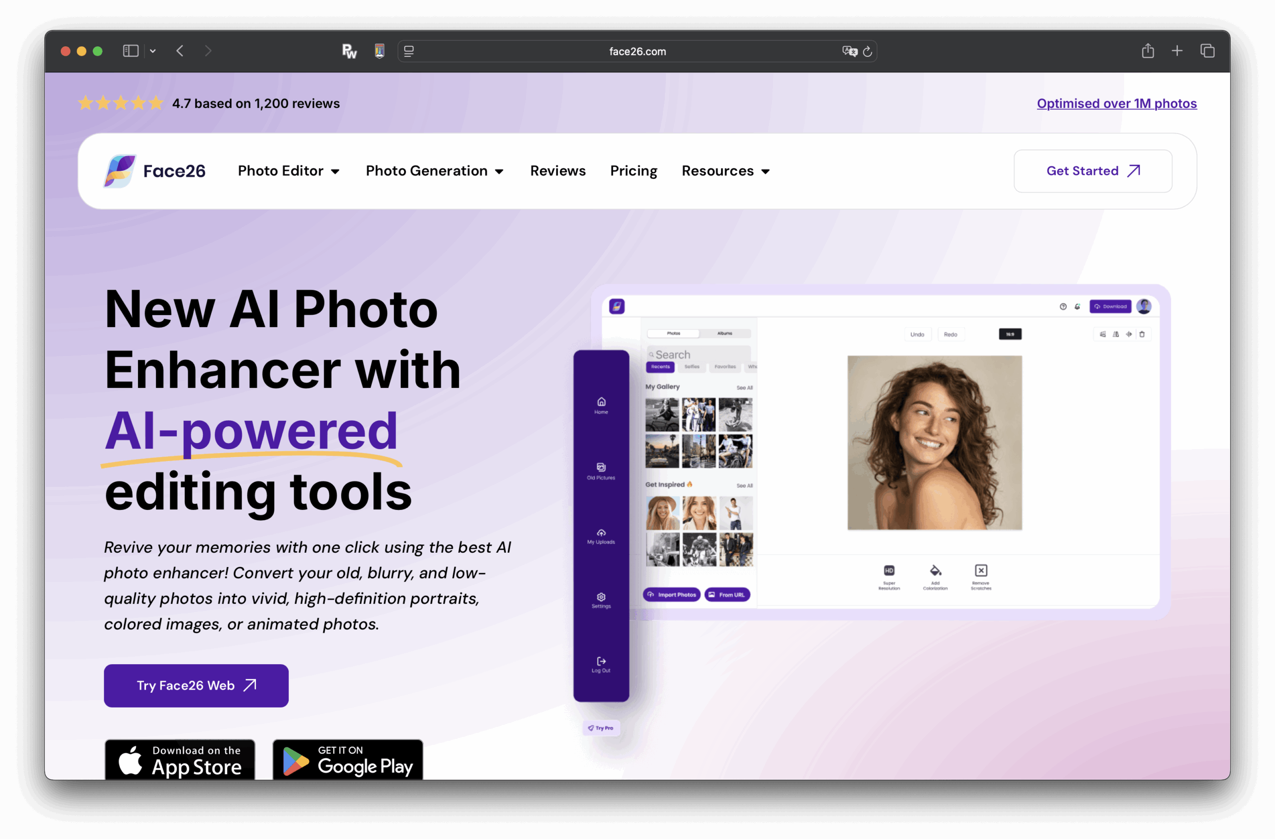 紫と白を基調としたデザイン、笑顔の女性が写ったフォトエディタのプレビュー、AIを搭載した編集ツールに関するテキスト、アプリのダウンロードボタンが特徴。.