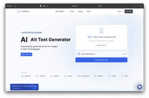 画像アップロード、カスタムSEOキーワード入力、無料トライアル開始ボタン、altテキスト生成ボタンを備えたAI搭載の画像用オルトテキストジェネレーターAltText.aiのスクリーンショット。.