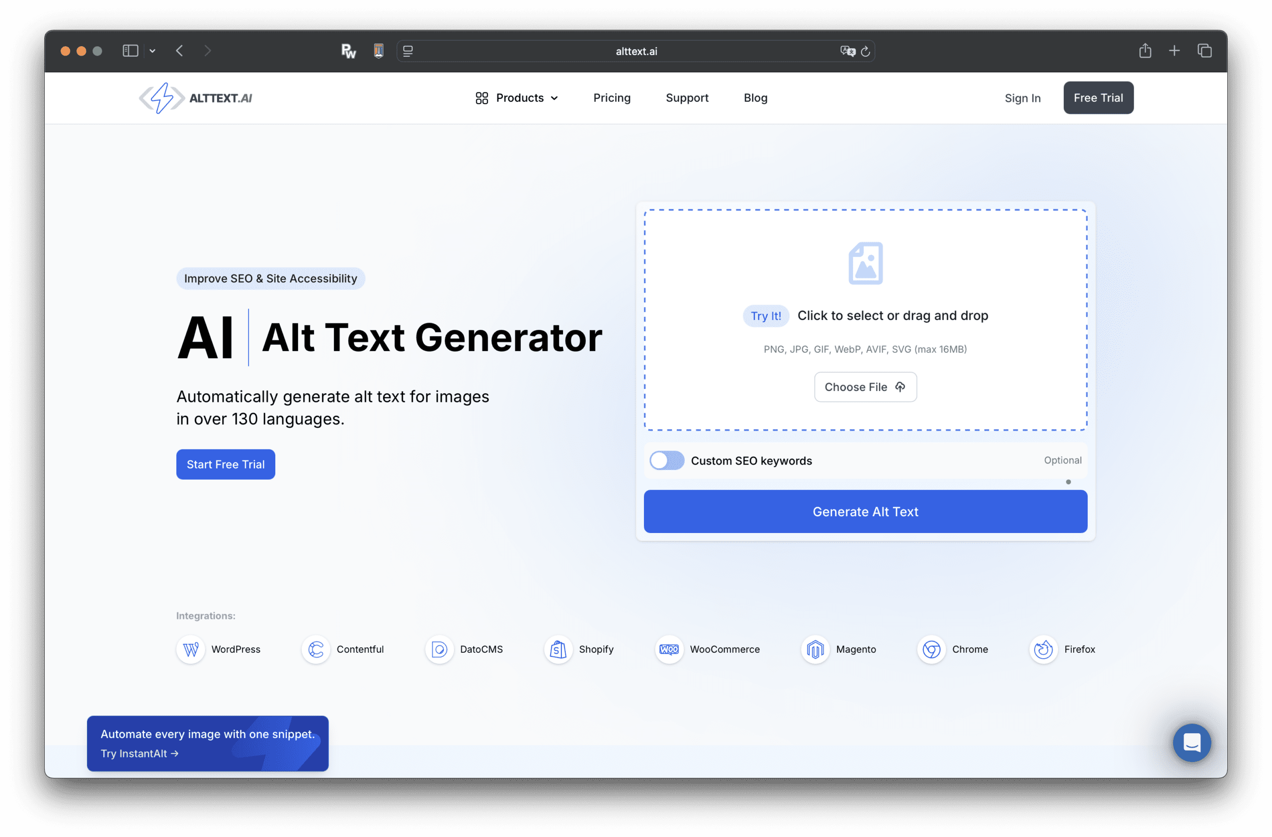 画像アップロード、カスタムSEOキーワード入力、無料トライアル開始ボタン、altテキスト生成ボタンを備えたAI搭載の画像用オルトテキストジェネレーターAltText.aiのスクリーンショット。.
