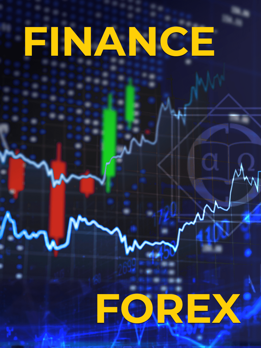 株式市場のチャートとローソク足グラフの背景に、黄色の文字でFINANCEとFOREXの文字を重ねたデジタルグラフィック。.