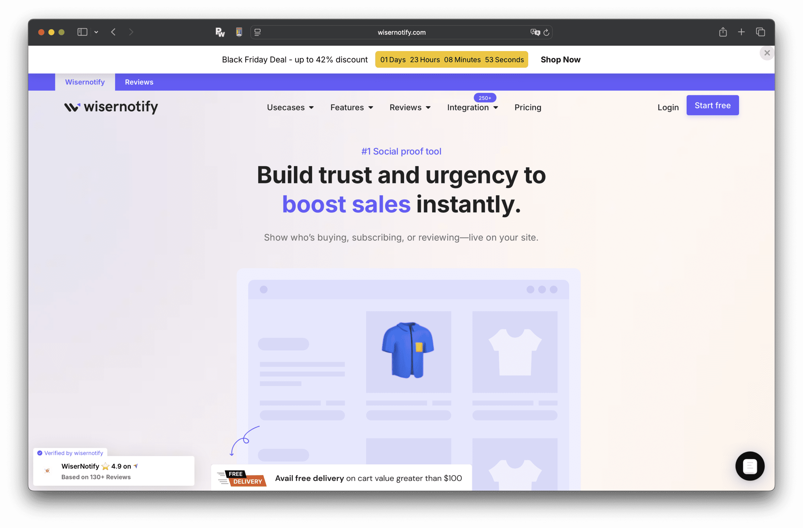 Wisernotifyのウェブサイトのトップページには、信頼構築と売上向上に関する見出し、上部のナビゲーションメニュー、青いシャツの商品画像とオンラインストアのグラフィックが表示されている。.