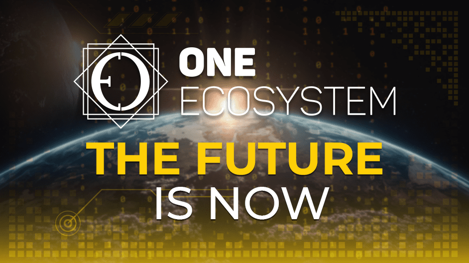 テキストにはこうある：ONE ECOSYSTEM.宇宙から見た地球のイメージの上に白と黄色で「THE FUTURE IS NOW」、左には幾何学的なロゴ、背景にはデジタル要素。.