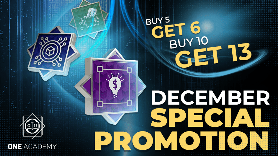幾何学的なアイコンとテキストが特徴的なワン・アカデミーのプロモーション・グラフィック：テキスト：5個買うと6個、10個買うと13個、12月特別プロモーション。青と紫のデジタル背景。.
