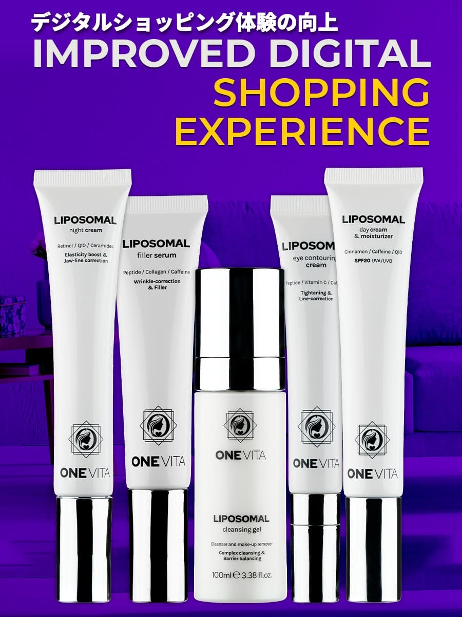 紫色のソファの前に、リポソーム・スキンケア製品「ONE VITA」5点が縦に陳列されている。その上には、「IMPROVED DIGITAL SHOPPING EXPERIENCE」と日本語と英語で太字で書かれている。.