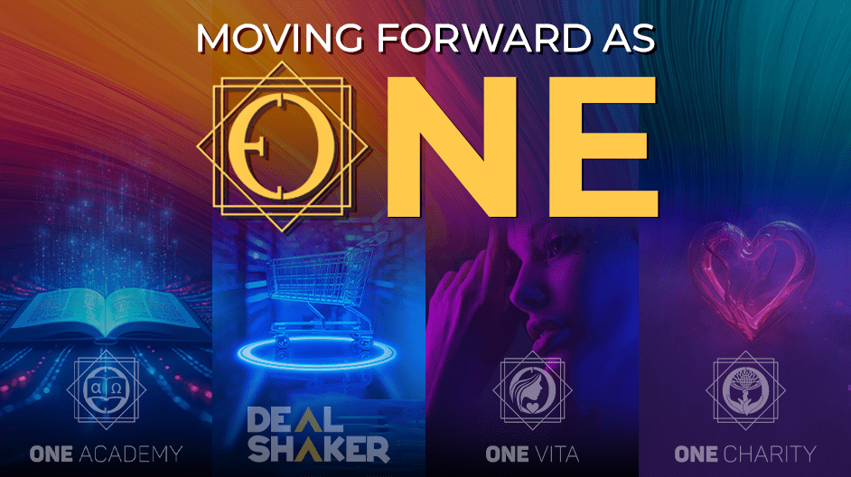 カラフルなグラフィックに「MOVING FORWARD AS ONE」の文字。ONEという文字の後ろには、ONE Academy、DealShaker、ONE Vita、ONE Charityなど、私たちの前進を象徴するプラットフォームがアイコンと色あせたイメージで表現されています。.