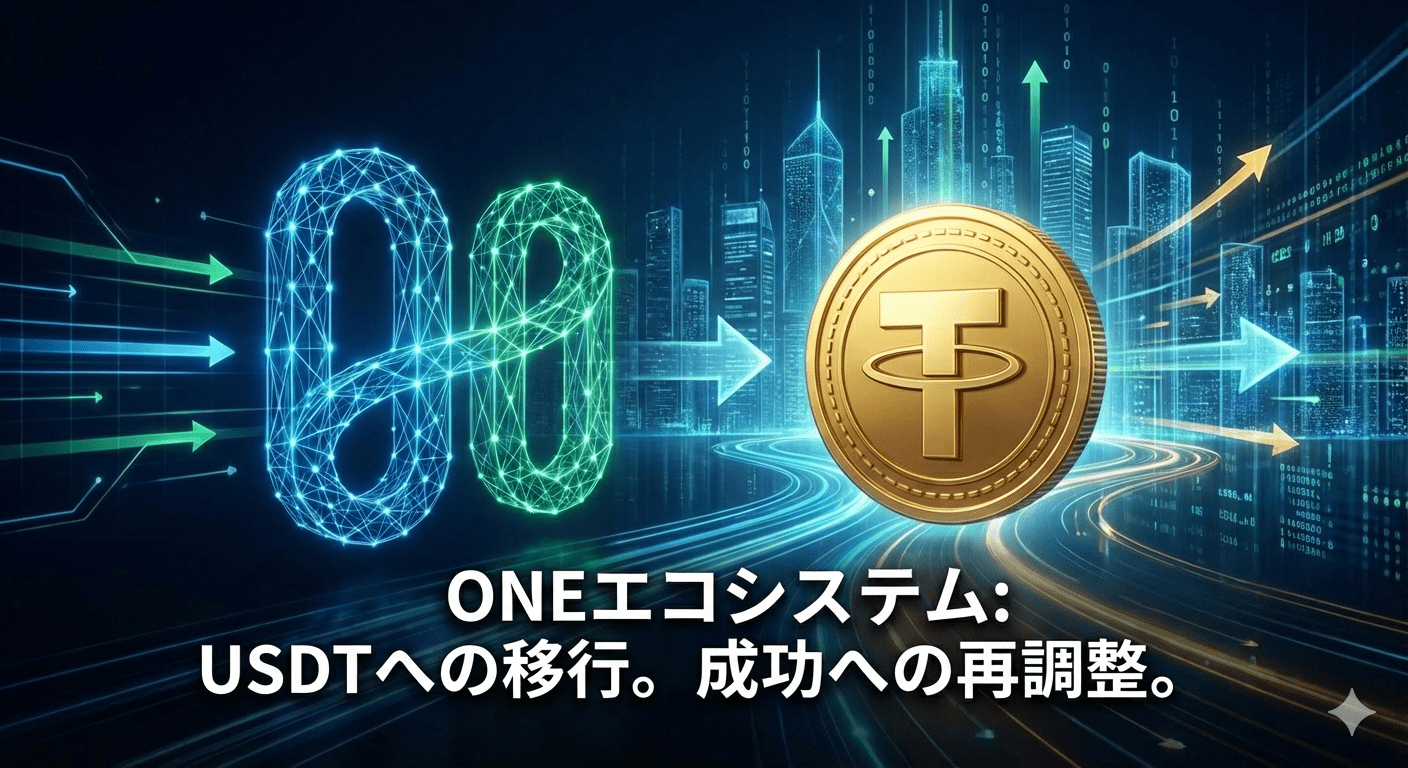 近未来的な街並みに、暗号通貨のシンボルであるテザー(Tether)と、矢印が描かれたUSDTの金貨のデジタルイラストと、日本語のテキスト:ONEエコシステム:USDT移行成功への再調整。.