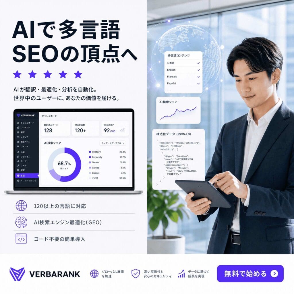 スーツ姿の男性が、インフォグラフィックやSEO分析結果を表示したノートパソコンの横に立っています。日本語のテキストで、AIを活用した【多言語SEO・GEOツール】VERBARANK（バーバランク）（Starterプラン）のサービスが紹介されています。紫色の「無料で始める」ボタンが表示されています。.