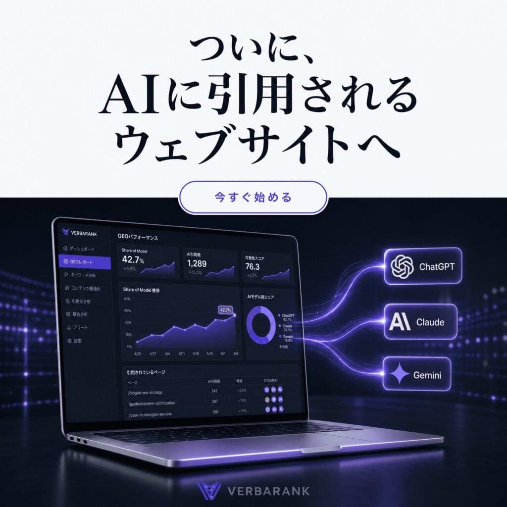 ノートパソコンの画面には分析結果が表示されており、その周囲には、AIを活用したウェブサイトや多言語SEOのメリットを強調する日本語のテキストが配置されています。ChatGPT、Claude、Geminiのロゴが並んでおり、【多言語SEO・GEOツール】VERBARANK（バーバランク）（Starterプラン）とその革新的なGEO機能についても言及されています。 未来的なテクノロジーを彷彿とさせるシーンの中に、目を引く紫色の「今すぐ始める」ボタンが配置され、ユーザーに行動を促しています。.