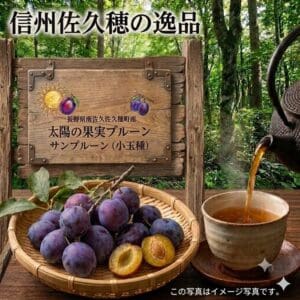 テーブルの上には、お茶が注がれているカップの隣に、新鮮な「太陽の果実プルーン サンプルーン（小玉種）」の入ったかごが置かれており、その背後には、イラストや日本語のテキスト、そして「DS予約販売（出荷予定 8月20日頃から2週間）」という文言が書かれた素朴な木製の看板が掲げられている。 背景には青々とした緑が広がり、この旬のプルーンの生き生きとした魅力を引き立てている。.