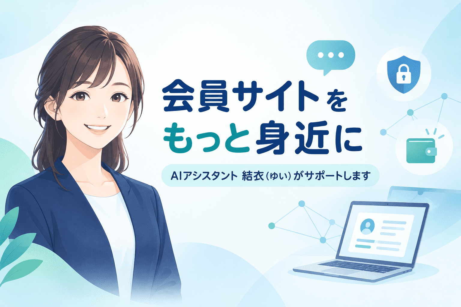 ビジネススーツ姿で微笑む女性のイラスト、サポート機能を備えた「会員サイト」に関する日本語のテキスト、セキュリティとデジタルウォレットを表すアイコン、そしてプロフィールが表示されたノートパソコン。青と白を基調とした配色。.